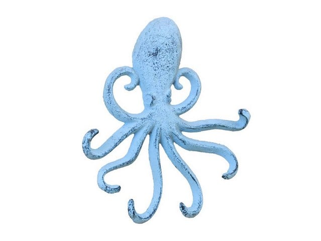 K-0754-blue Rustic Dark Blue Whitewashed Cast Iron Wall Mounted Decorative Octopus Hooks- 7 in -  Handcrafted Decor