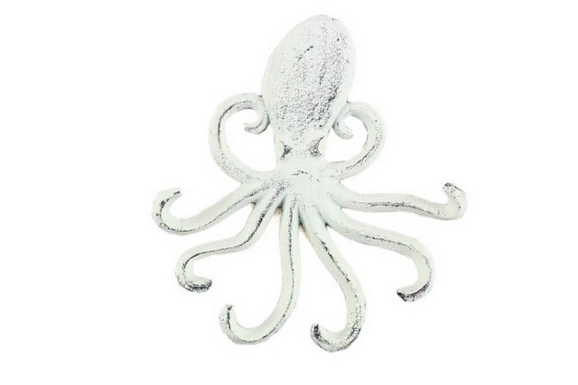 Rustic Whitewashed Cast Iron Wall Mounted Decorative Octopus Hooks, 7 in.