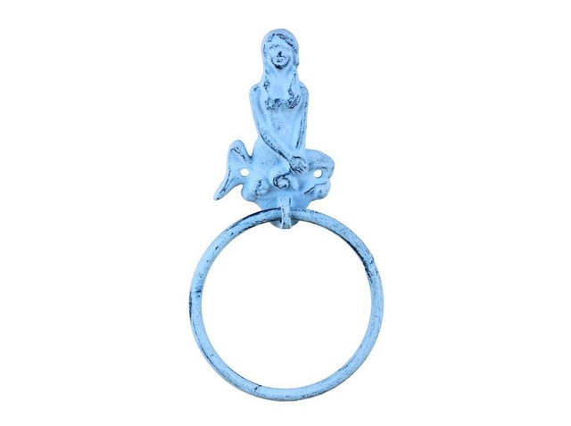 Rustic Dark Blue Whitewashed Cast Iron Mermaid Towel Holder- 8.5 in.