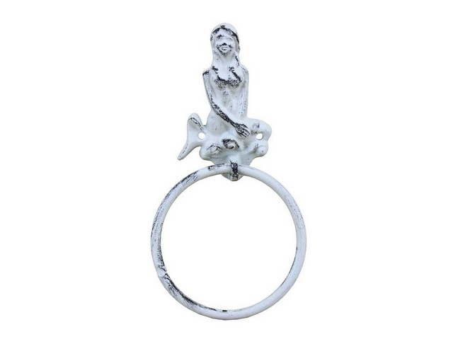 Rustic Whitewashed Cast Iron Mermaid Towel Holder, 8.5 in.