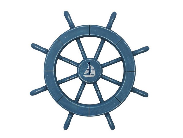 Picture of Handcrafted Decor Wheel-18-205-sailboat Rustic All Light Blue Decorative Ship Wheel with Sailboat- 18 in.