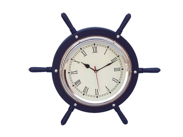 Dark Blue Wood & Chrome Ship Wheel Clock- 15 in.