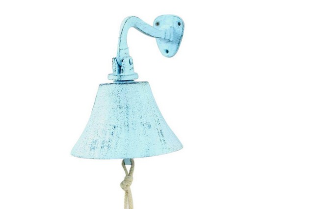 Dark Blue Whitewashed Cast Iron Hanging Ships Bell, 6 in.