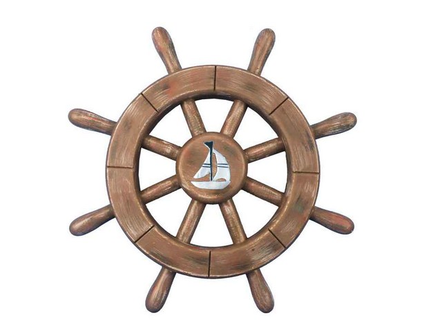 Picture of Handcrafted Decor rustic-wood-sw-12-sailboat Rustic Wood Finish Decorative Ship Wheel with Sailboat- 12 in.