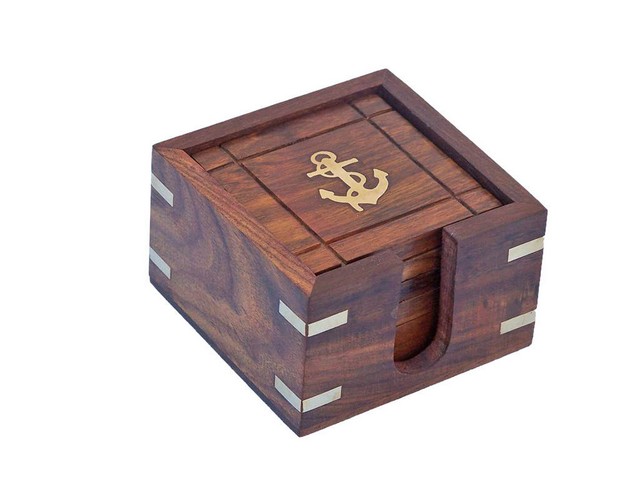 WN-0129 Wooden Anchor Coasters with Rosewood Holder- 3 in. - Set of 6