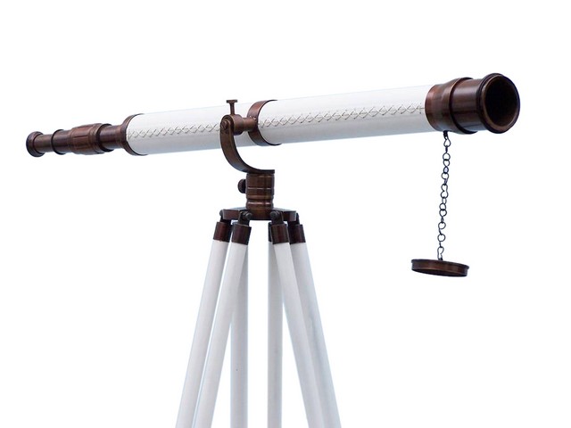 ST-0117 BZ-WL Floor Standing Bronzed with White Leather Galileo Telescope, 65 in.