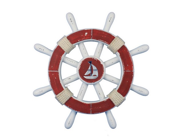 Picture of Handcrafted Decor Rustic-Red-and-White-SW-12-Sailboat Rustic Red & White Decorative Ship Wheel with Sailboat- 12 in.