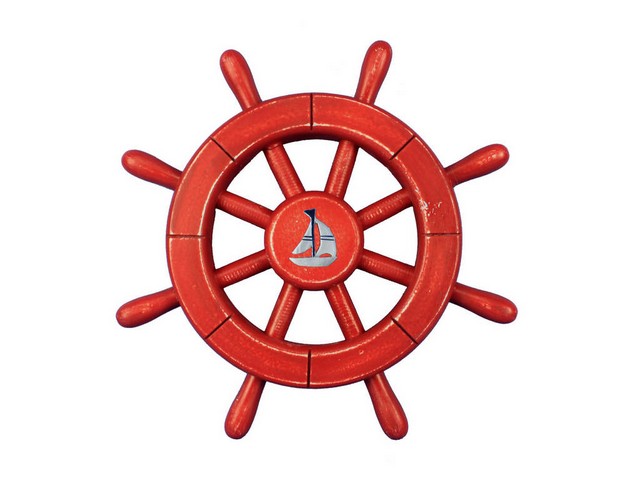 Picture of Handcrafted Decor Rustic-All-Red-SW-12-Sailboat Rustic All Red Decorative Ship Wheel with Sailboat- 12 in.