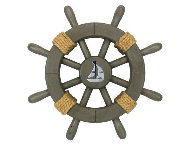 Picture of Handcrafted Decor Rustic-Grey-SW-12-Sailboat Antique Decorative Ship Wheel with Sailboat- 12 in.