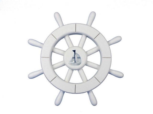 Picture of Handcrafted Decor New-White-SW-12-Sailboat White Decorative Ship Wheel with Sailboat- 12 in.