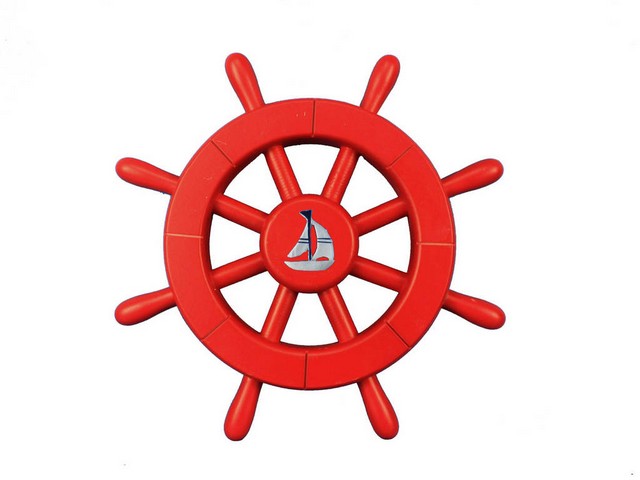 Picture of Handcrafted Decor New-Red-SW-12-Sailboat Red Decorative Ship Wheel with Sailboat- 12 in.