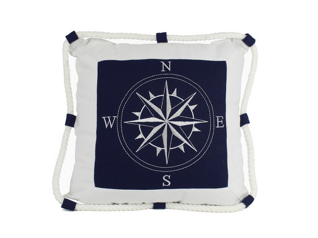 Blue Compass with Nautical Rope Decorative Throw Pillow- 16 in.