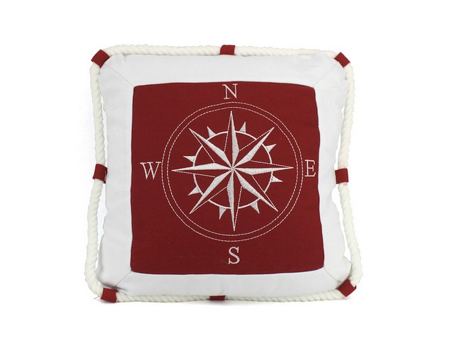 Red Compass with Nautical Rope Decorative Throw Pillow- 16 in.