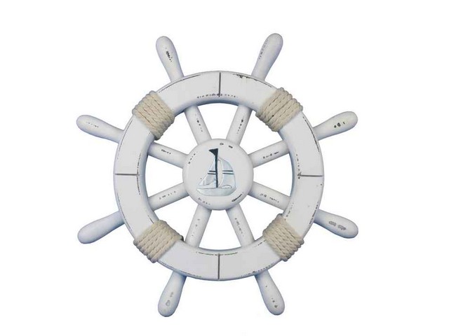 Picture of Handcrafted Decor rustic-white-sw-12-sailboat Rustic White Decorative Ship Wheel with Sailboat- 12 in.