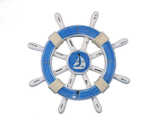 Picture of Handcrafted Decor rustic-light-blue-and-white-sw-12-sailboat Rustic Light Blue & White Decorative Ship Wheel with Sailboat- 12 in.