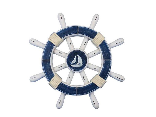 Picture of Handcrafted Decor rustic-dark-blue-white-sw-12-sailboat Rustic Dark Blue & White Decorative Ship Wheel with Sailboat- 12 in.