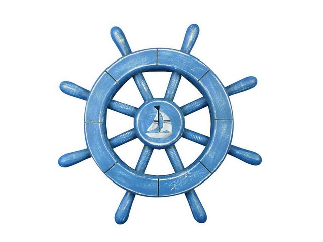 Picture of Handcrafted Decor rustic-all-light-blue-sw-12-sailboat Rustic All Light Blue Decorative Ship Wheel with Sailboat- 12 in.