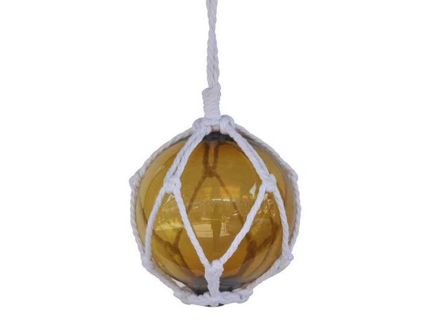Picture of Handcrafted Decor 6 Amber Glass - NEW Amber Japanese Glass Ball Fishing Float with White Netting Decoration- 6 in.