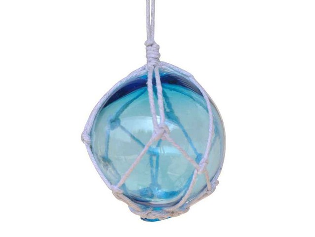 Picture of Handcrafted Decor 3 Light Blue Glass - NEW Light Blue Japanese Glass Ball Fishing Float with White Netting Decoration- 3 in.