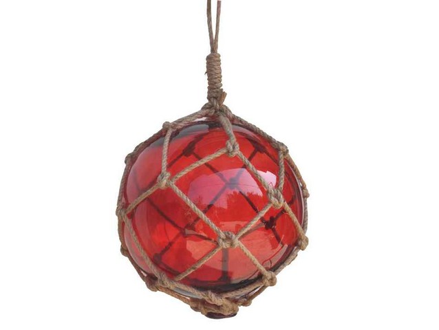 Picture of Handcrafted Decor 12 Red Glass - Old Red Japanese Glass Ball Fishing Float with Brown Netting Decoration- 12 in.