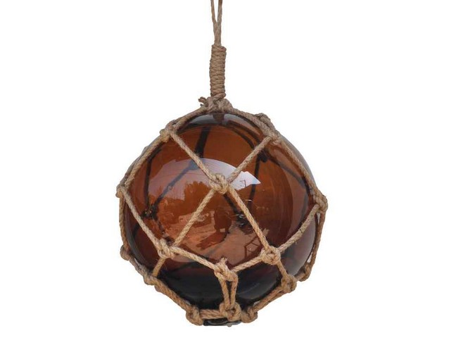 Picture of Handcrafted Decor 12 Amber Glass - Old Amber Japanese Glass Ball Fishing Float with Brown Netting Decoration- 12 in.