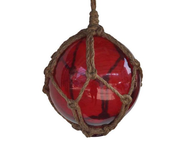 Picture of Handcrafted Decor 6 Red Glass - Old Red Japanese Glass Ball Fishing Float with Brown Netting Decoration- 6 in.