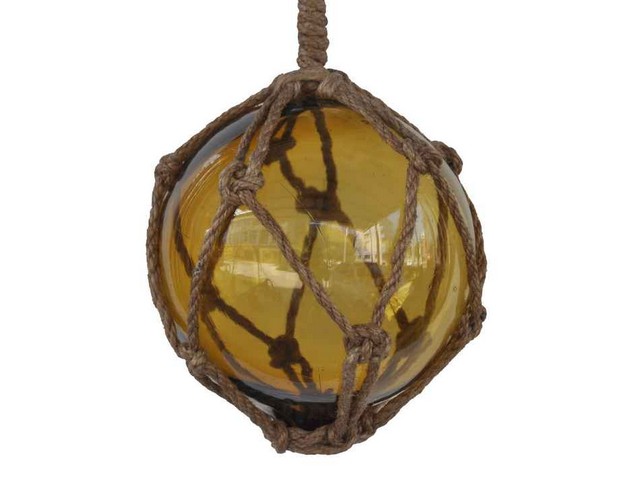 Picture of Handcrafted Decor 6 Amber Glass - Old Amber Japanese Glass Ball Fishing Float with Brown Netting Decoration- 6 in.