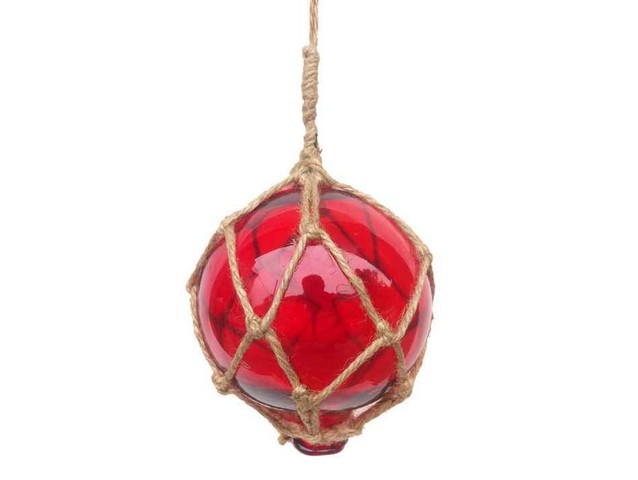 Picture of Handcrafted Decor 4 Red Glass - Old Red Japanese Glass Ball Fishing Float with Brown Netting Decoration- 4 in.