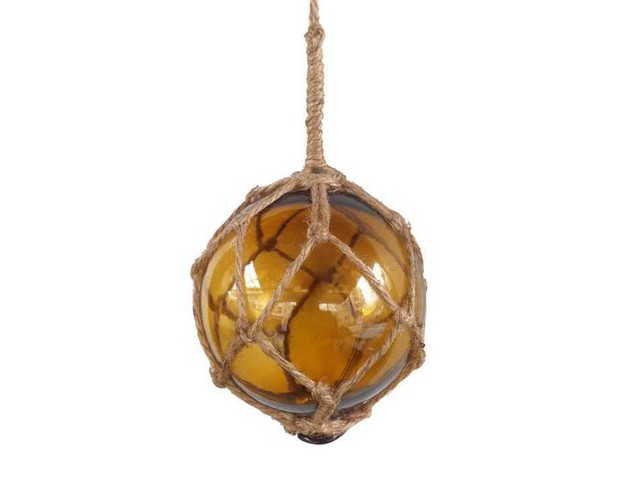 Picture of Handcrafted Decor 4 Amber Glass - Old Amber Japanese Glass Ball Fishing Float with Brown Netting Decoration- 4 in.