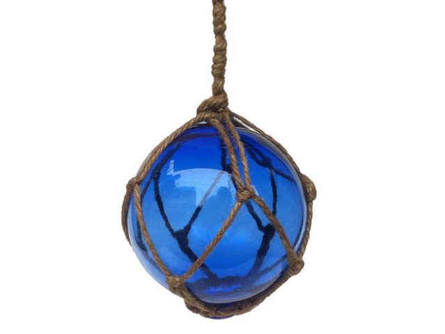 Picture of Handcrafted Decor 4 Blue Glass - Old Blue Japanese Glass Ball Fishing Float with Brown Netting Decoration&#44; 4 in.