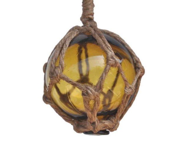 Picture of Handcrafted Decor 3 Amber Glass - Old Amber Japanese Glass Ball Fishing Float with Brown Netting Decoration- 3 in.
