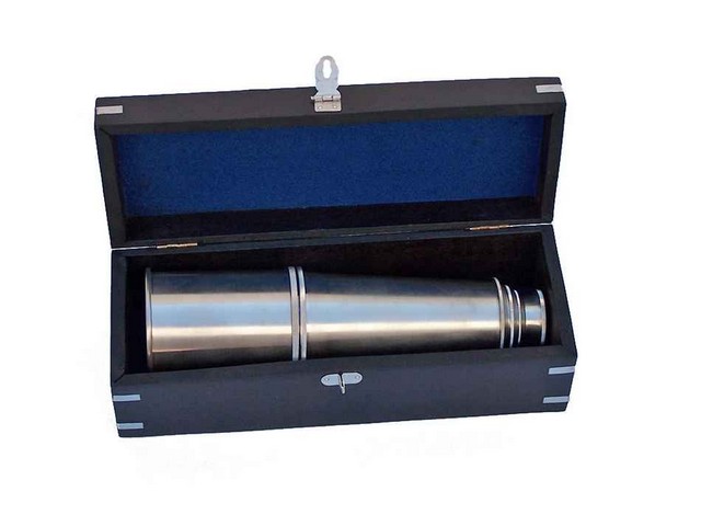 Deluxe Class Brushed Nickel Admiral's Spyglass Telescope - Black - 27 in. - Includes Rosewood Box - 15X Magnification