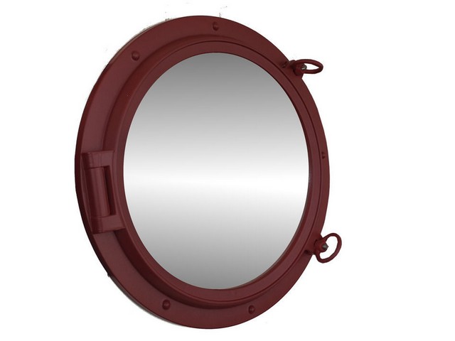 Dark Red Decorative Ship Porthole Mirror- 24 in.