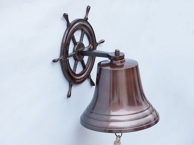 Antique Copper Hanging Ship Wheel Bell- 8 in.