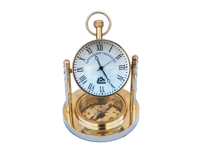 Picture of Handcrafted Decor WC-1431 Solid Brass Clock with Compass- 5 in.