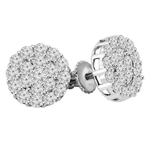 Diamond Flower Cluster Stud Earrings in 14K White Gold With Screw Backs, 1 Carat -  Great Gems, GR2448404