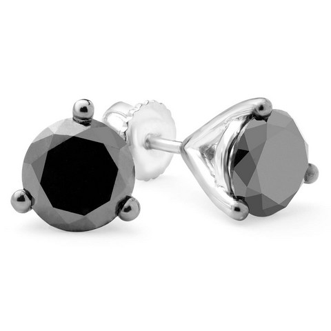3-Prong Martini Setting Black Diamond Stud Earrings in 10K White Gold With Screw Backs, 1.16 Carat