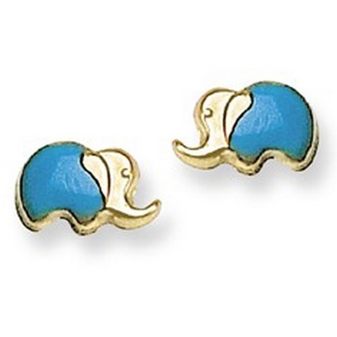 Blue Enamel Elephant Stud Baby Earrings in 14K Yellow Gold