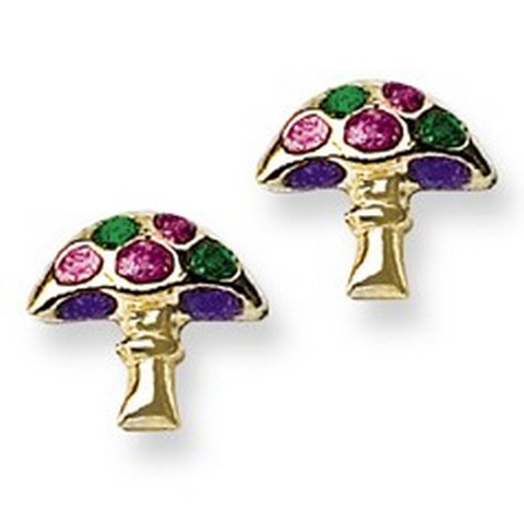 Multicolor Enamel Mushroom Stud Baby Earrings in 14K Yellow Gold
