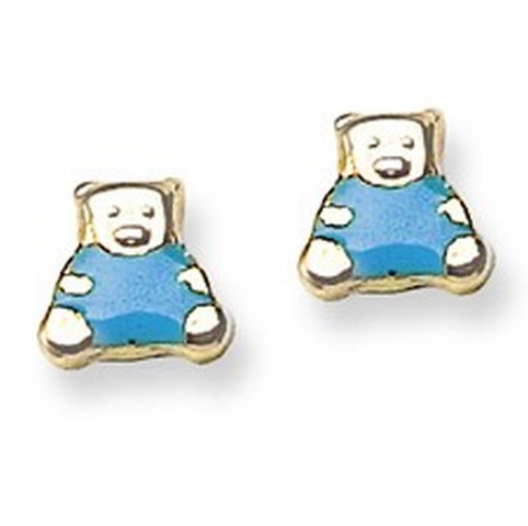 Blue Enamel Teddy Bear Stud Baby Earrings in 14K Yellow Gold
