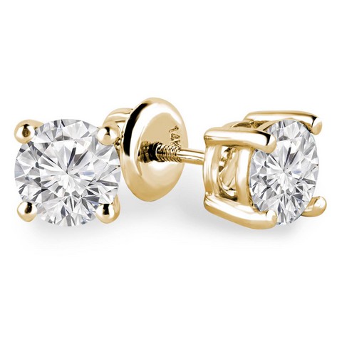 Solitaire Round Diamond Stud Earrings in 14K Yellow Gold With Screw Backs - 1.5 Carat