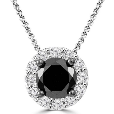 Round Black & White Diamond Halo Pendant Necklace in 10K White Gold With Chain- 1 Carat