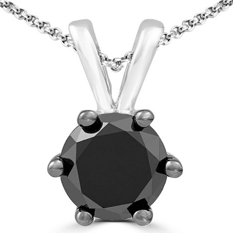 1 CT 6-Prong Solitaire Round Black Diamond Pendant Necklace in 10K White Gold With Chain- 1 Carat
