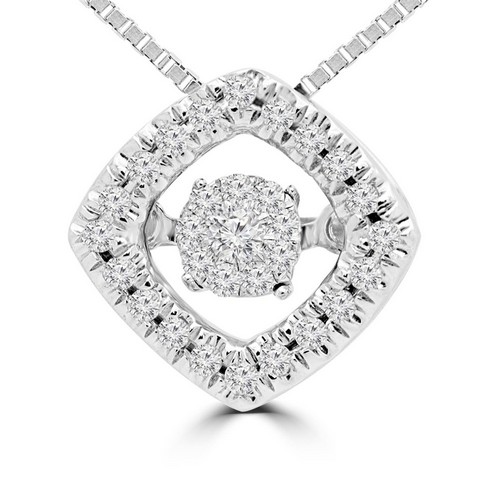Vintage Dancing Diamond Halo Pendant Necklace in 10K White Gold With Chain- 0.1 Carat