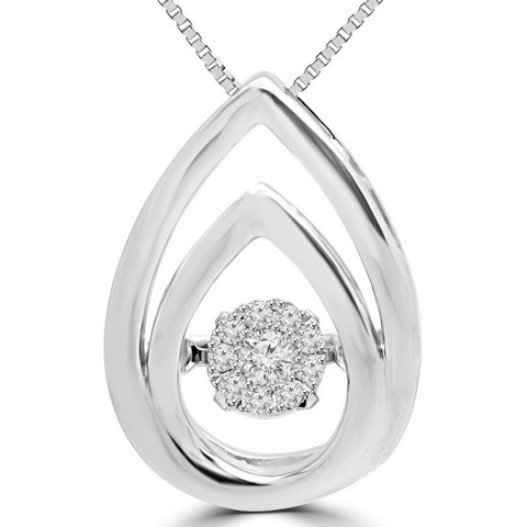 Round Cut Dancing Diamond Teardrop Pendant Necklace in 14K White Gold With Chain- 0.1 Carat