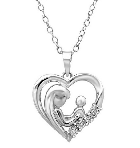 Picture of Amanda Rose Collection Mother Child Diamond Heart Pendant - Necklace in Sterling Silver
