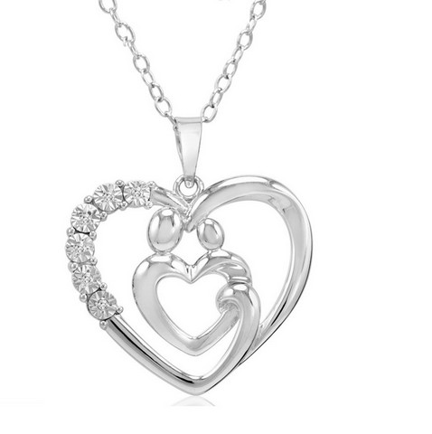 Picture of Amanda Rose Collection Mother & Child Diamond Heart Pendant - Necklace in Sterling Silver