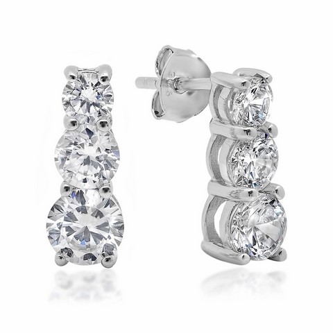 Picture of Amanda Rose Collection Three Stone Cubic Zirconia Stud Earrings in Sterling Silver, 5 ct
