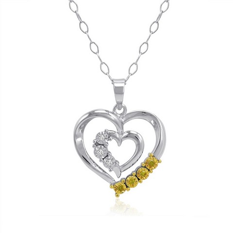 Picture of Amanda Rose Collection White & Yellow Diamond Heart Pendant - Necklace in Sterling Silver