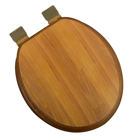 Decorative Wood Round Front Toilet Seat Polish Brass Hinges, Light Oak